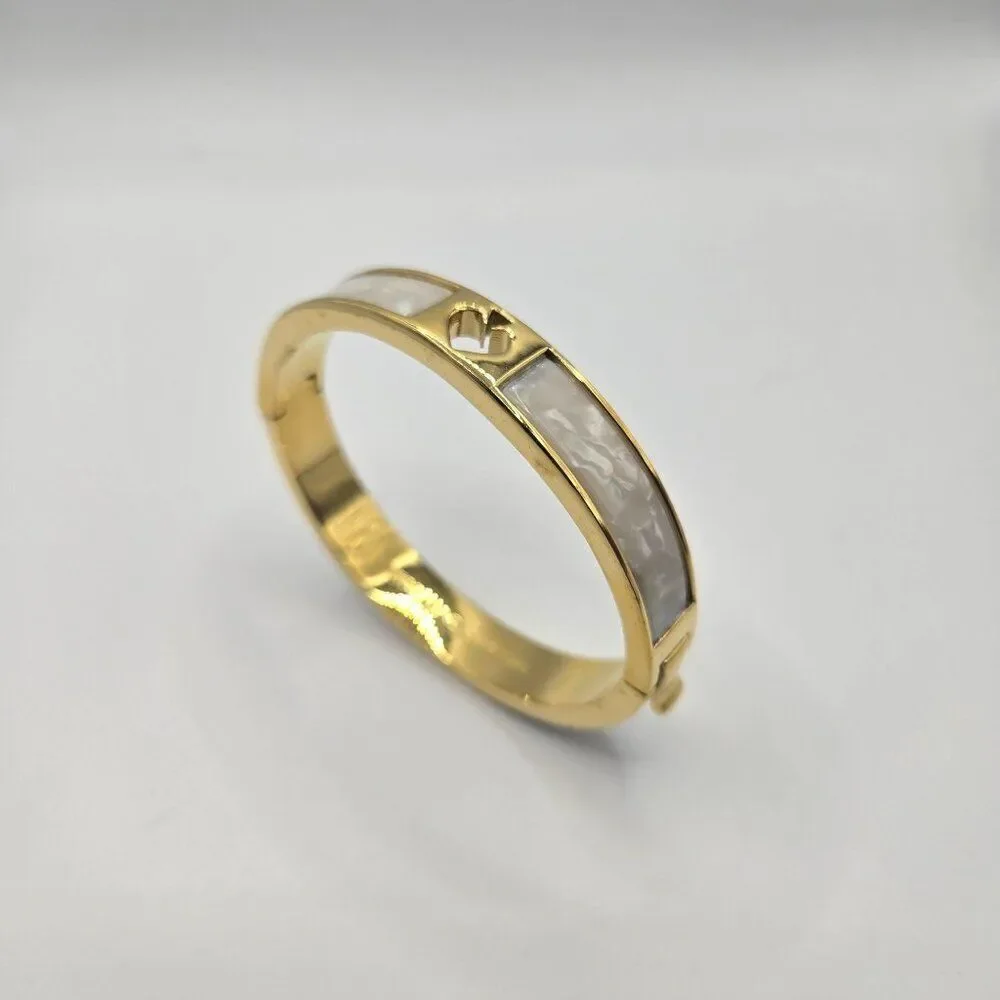 Kate Spade Gold-Tone Bangle Bracelet Mother Of Pearl Inlay Punch Spade